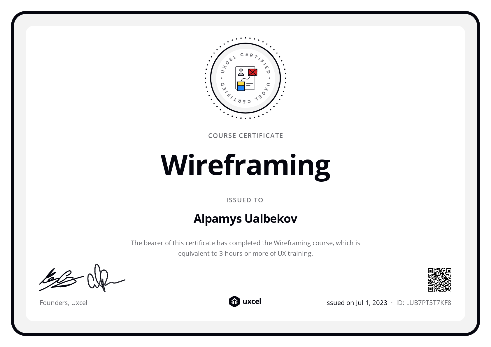 Alpamys Ualbekov's certificate